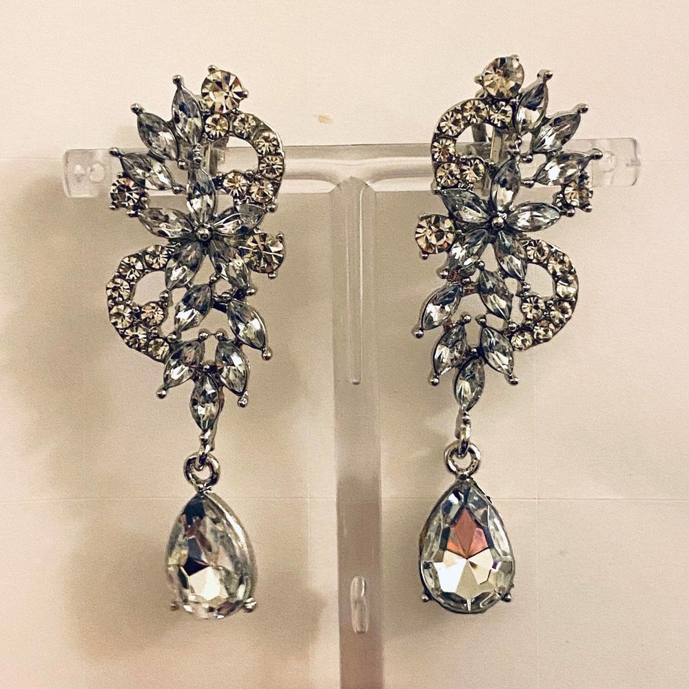Rhinestone Drop Clip On Wedding Earrings